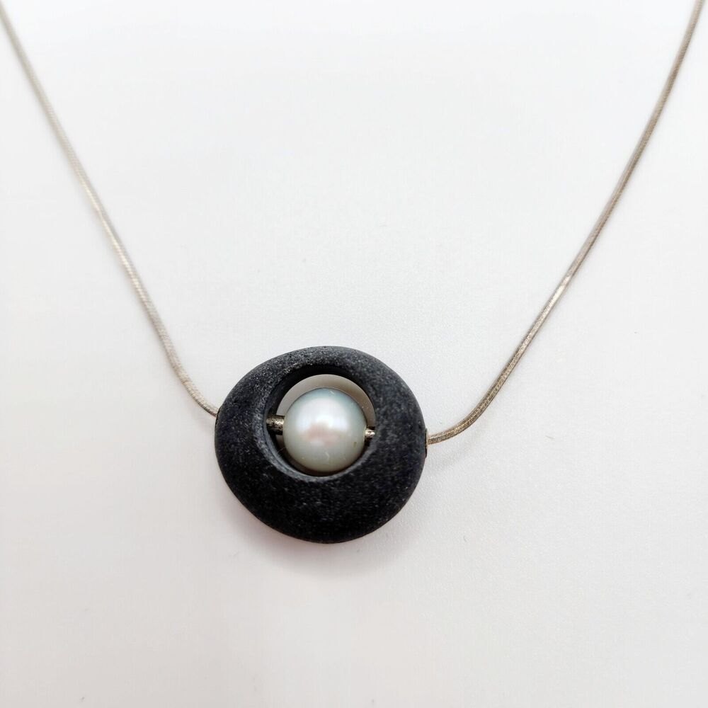 Stunning Sterling Silver Pearl and Drilled Beach Stone Necklace 15" Choker Italy